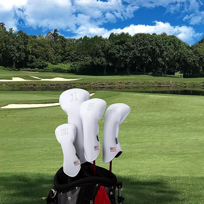 Golf Driver Head Covers 3-Pack for Men & Women - Premium PU Leather with Elephant Embroidery, Double Elastic Band (Driver/Fairway/Hybrid), Waterproof & Durable - White Grey or Black Grey