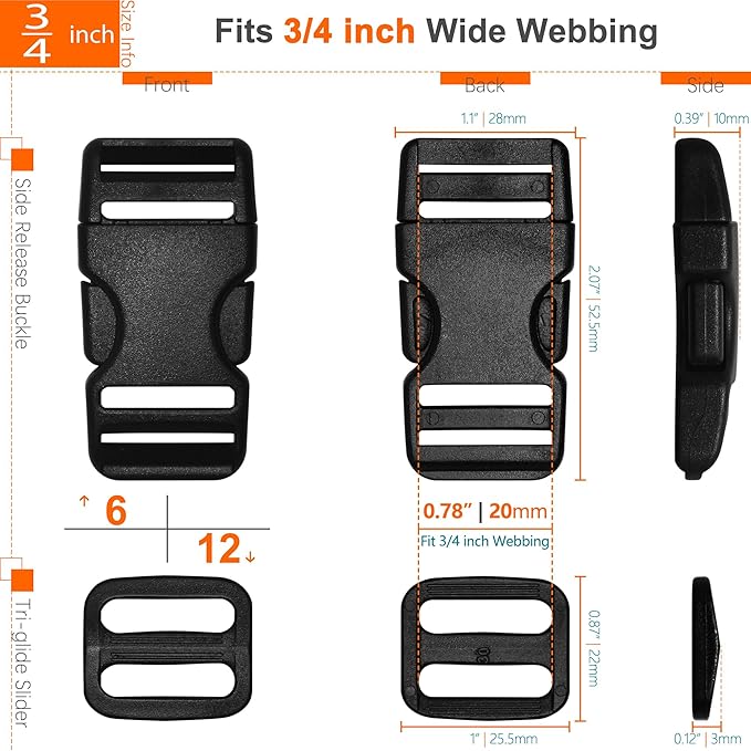 3/4" Straps and Buckles Set: 6 yard Nylon Webbing 0.75 inch (20 mm) Wide, 6 pack Side Release Buckle, 12 pcs Tri-Glide Sliders, Plastic Clips Quick Fasteners Replacement Dual Adjustable No Sewing