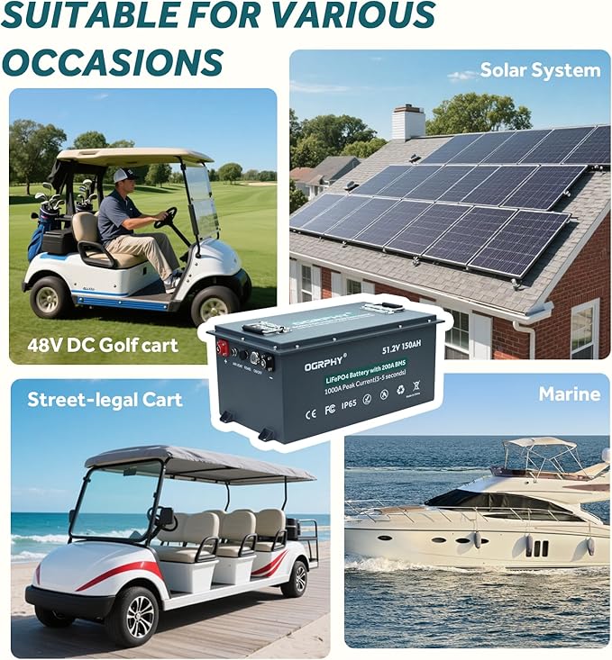 48V 150AH Lithium Golf Cart Battery with Charger, Built in 200A BMS with Touch Monitor & Mobile APP, 48V Lithium Battery with 1000A Peak Current, Max 10.24kW Output 70 Miles Range for Golf Cart