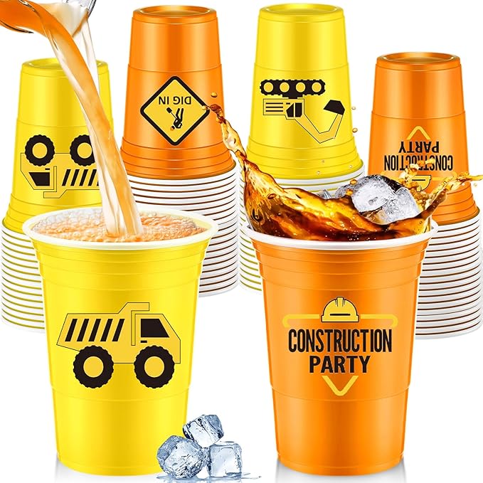 Norme 48 Pcs Construction Party Supplies Bulk 16 oz Construction Party Thick Plastic Disposable Cup Hot Cold Drink Wine Coffee for Home Holiday Party Supplies Favors