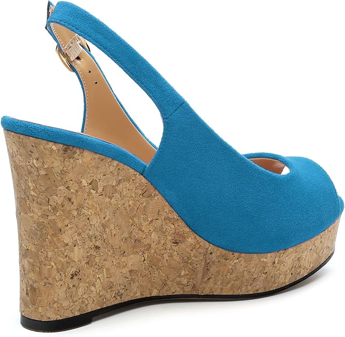 Womens Wedge Platform Sandals Peep Open Toe Slingback Buckle High Heel Dress Shoes Pumps Suede 3.94 Inch