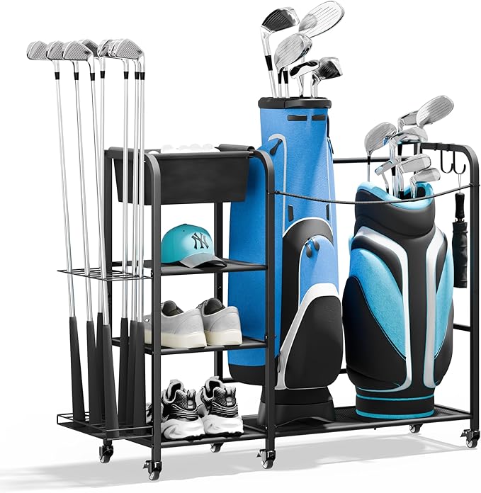 niffgaff Golf Bag Organizer Golfing Storage Stand for Garage Golf Bags Golfing Rack with Wheels Black