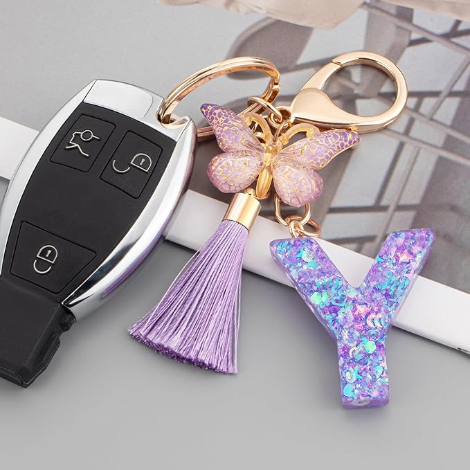 Suweibuke Colourful Cute Initial Letter Keychains for Women Girls with Tassel Butterfly, Charm for Purse Handbags Backpacks
