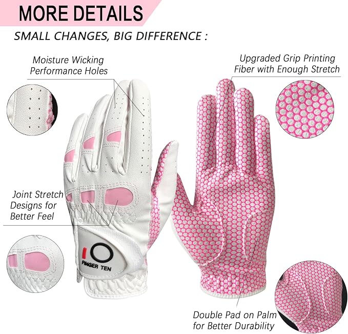 FINGER TEN Women’s Golf Gloves Ladies Left Hand Right Handed Golfer Value 6 Pack, All Weather Rain Grip Glove Pink Fit Small Medium Large XL
