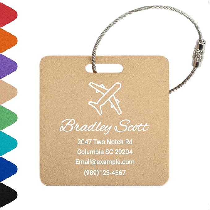 Personalized Luggage Tags for Suitcases Custom Metal Name Tags for Backpacks Bags Travel - Square (Gold)