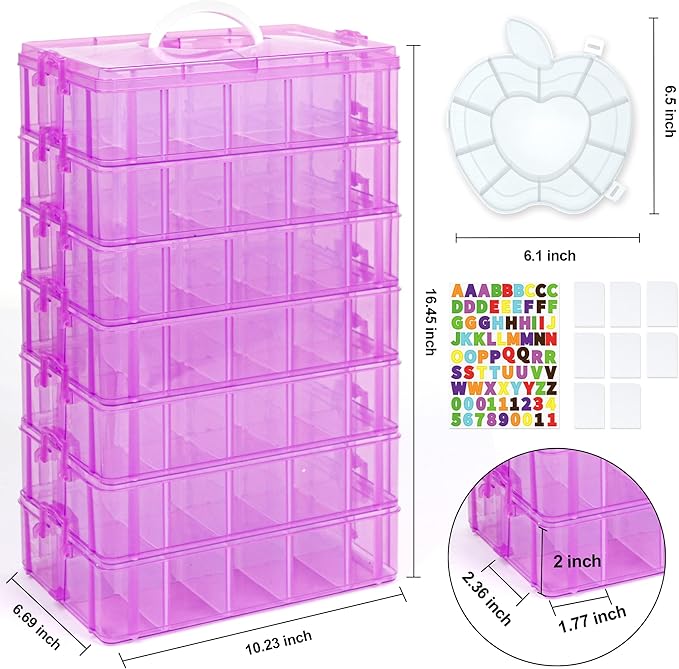7 Layers Stackable Storage Container, 70 Adjustable Compartments (Purple) Stackable Storage Container, Perfect for Kids Toys, Art Crafts, Jewelry, Supplies, Mini Case & Letter Sticker Included