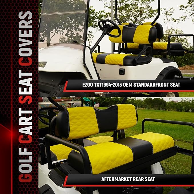 Golf Cart Seat Covers Front and Rear Waterproof and Sun Resistant Marine Grade Vinyl Leather Seat Cover Accessories for EZGO TXT 1994-2013, Yellow(4PCS)
