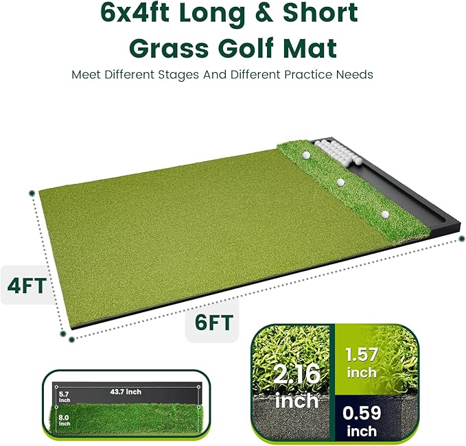 Golf Hitting Mat with Ball Tray 5x4ft - 6x4ft Dual-Turf Practice Mat for Indoor & Outdoor Use Golf Training Mat with Rubber Tee Holes, Suitable for Swing Driving & Chipping
