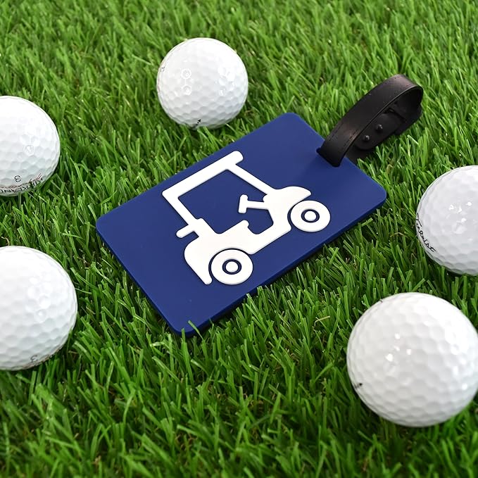 Golf Bag Tag – Golf Cart Blue Design, Flexible & Waterproof Silicone Luggage Tag, Secure Strap for Bag Identification, Great Golf Gift for Players & Enthusiasts