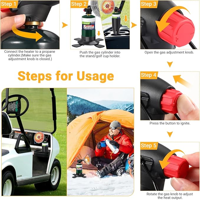 Golf Cart Heater,9,200BTU Portable Propane Camping Heater,2-in-1,with Cup Holder&Foldable Propane Cylinder Stand for EZGO Yamaha Club Car,Camping,Tents,Hunting,Ice Fishing(Fuel Cylinder not included)