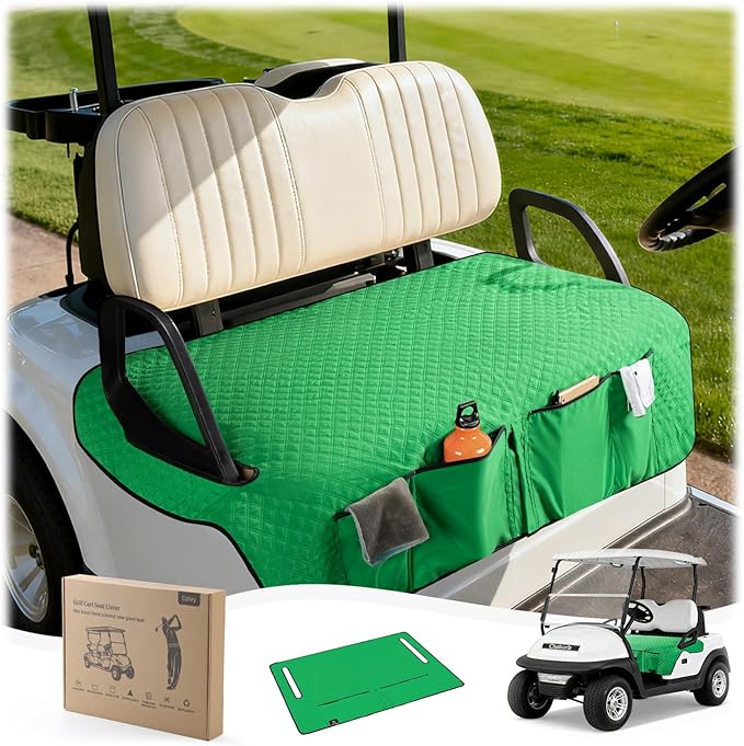 Golf Cart Seat Covers,Golf Cart Seat Towel Blanket with 4 Front Pockets & Nonskid Bottom Fits for EZGO, Yamaha, Club Car and More 2 Person Seats Golf Carts (Christmas Green, Club Car)