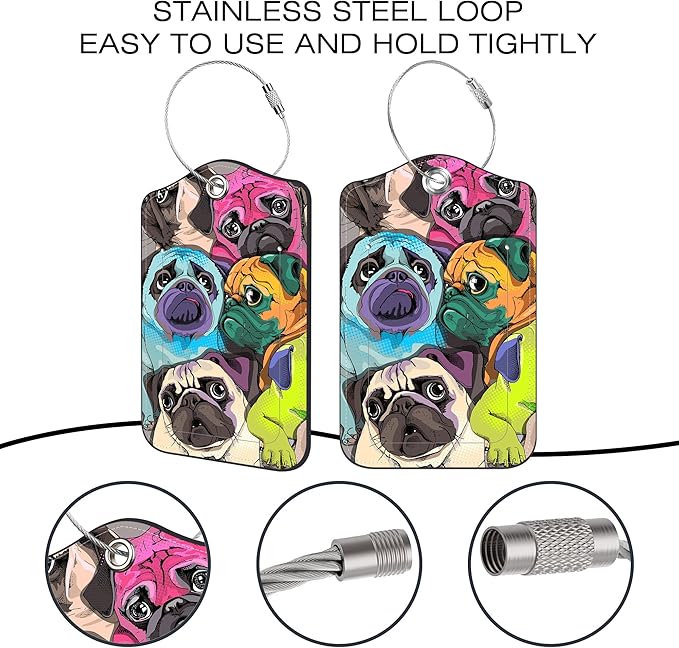 2 Pack Luggage Tags for Suitcase,Pug Dog PU Leather Luggage Tags with Privacy Cover Name Address Labels and Steel Ring,Creative Travel Accessories for Men and Women