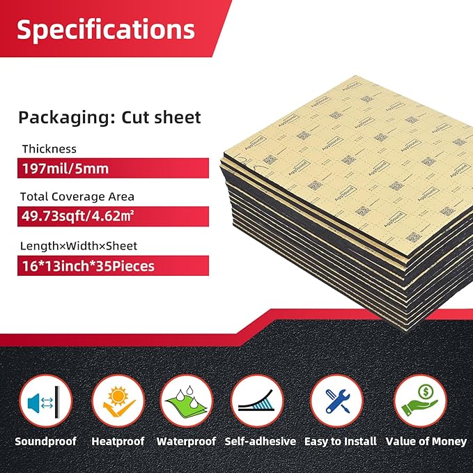 197mil 49.73sqft Sound Deadening Mat, Heat Shield Automotive Carpet Car Insulation Foam Board Sound Dampening, Aluminum Foil Finish Noise Insulation and Vibration Dampening Material