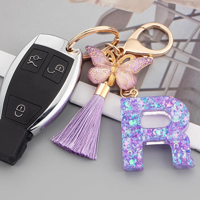 Suweibuke Colourful Cute Initial Letter Keychains for Women Girls with Tassel Butterfly, Charm for Purse Handbags Backpacks