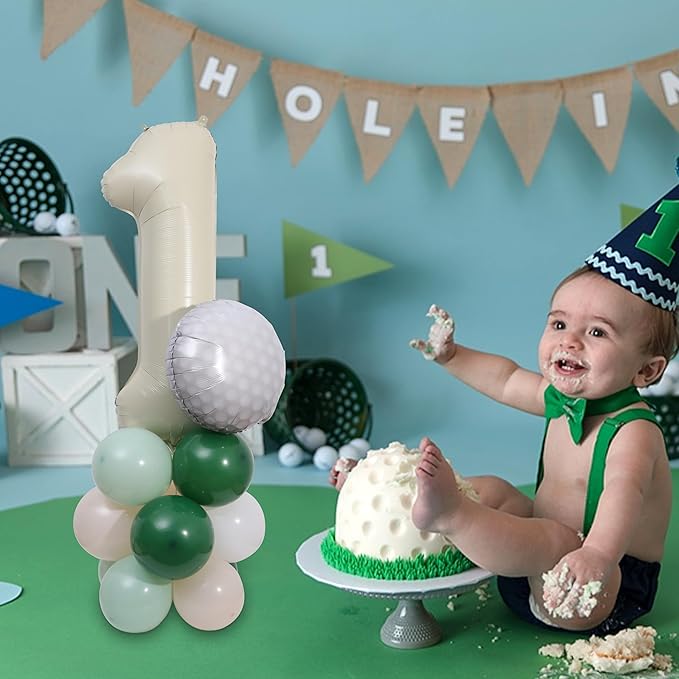 Hole-in-One Birthday Balloons - Golf Birthday Balloon Decorations, Golf Party Tower Set, White and Green 1 Aluminum Foil Balloon for Sports Party Anniversary Supplies