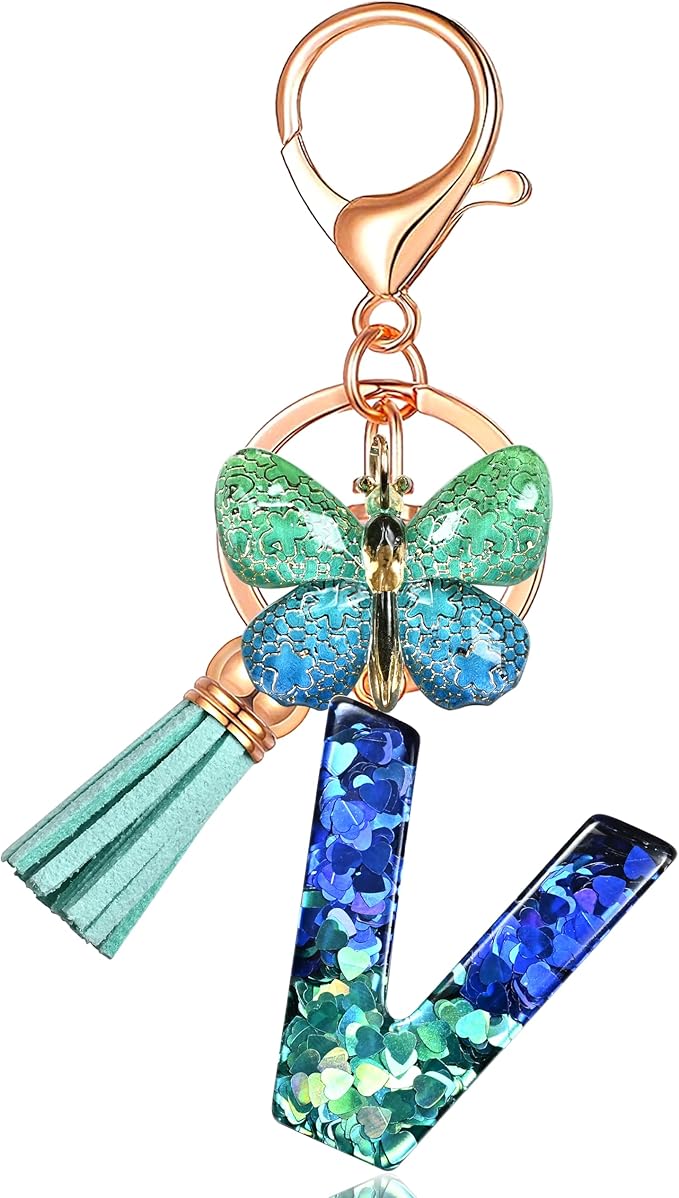 JINGUAZI Initial letter Keychains for Women Tassel Butterfly Pink Purple Cute Car Keychain for Wallet Backpack bag charm