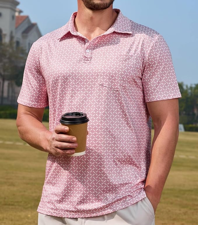 Lexiart Mens Golf Shirt Short Sleeve Dry Fit Print Moisture Wicking Performance Patterns Collared Polo Shirt with Pocket