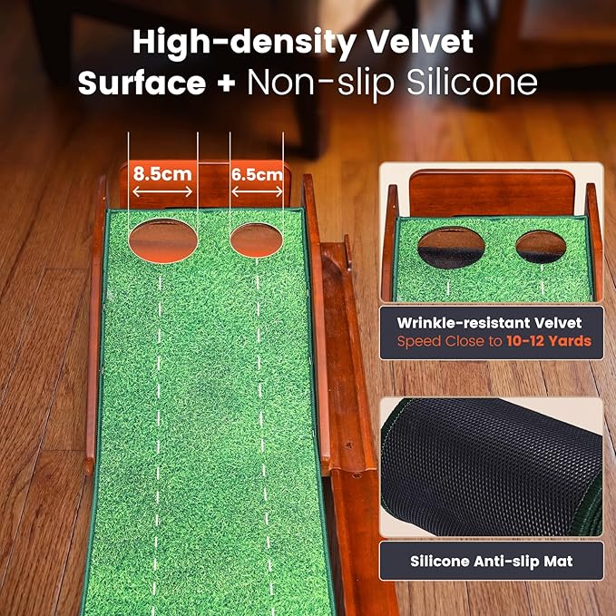 Putting Green Indoor with Three-Level Adjustable Incline, Auto Ball Return - Easy to Fold Solid Wood Base, Golf Training Aid for Home, Office, Backyard - Golf Putting Mat for Men
