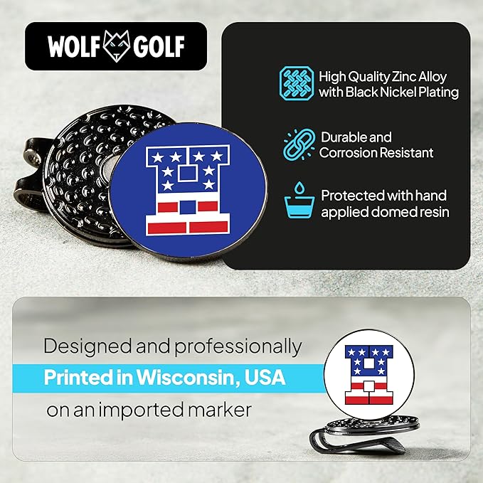 Wolf Golf Towels Golf Ball Marker Hat Clip | USA Monogram | 1 Magnetic Clip + 3 Ball Markers | Patriotic Golf Accessories for Men & Women