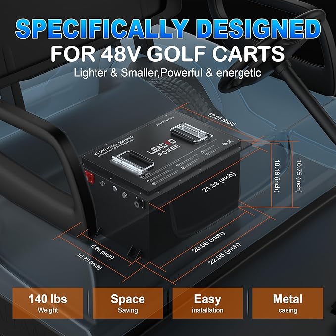 48V 105Ah Lithium Golf Cart Battery, Built-in Smart 250A BMS with Round LCD Dispaly & Mobile APP, 6000+ Cycles Rechargeable LiFePO4 Battery, Max 12.8kW Power Output, Perfect for Golf Carts