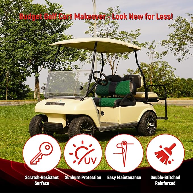 Golf Cart Seat Covers Front and Rear Waterproof and Sun Resistant Marine Grade Vinyl Leather Seat Cover Accessories for Club Car DS 2000.5-up, Green(4PCS)