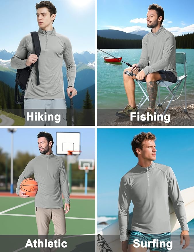 CRYSULLY Men's Long Sleeve 1/4 Zip Shirts Sun Protection Pullover UPF 50+ Rash Guard Running Lightweight T Shirt