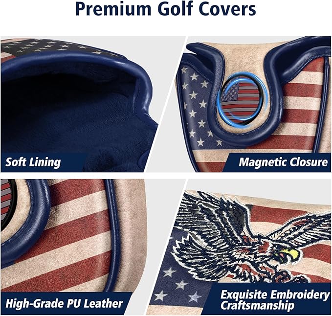 Golf Club Head Cover, Premium Leather Elegant Embroidery Fairway Wood Headcover Interchangeable No. Tags 3 4 5 7 X, Mallet Putter Cover with Magnetic Closure