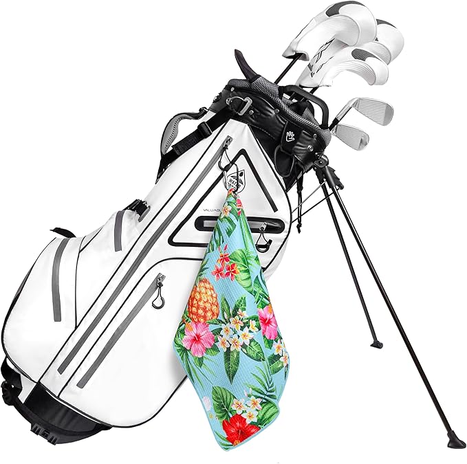 Microfiber Golf Towels for Golf Bags & Carts - Premium Weave Waffle & Ball Towels with Carabiner Clip, Essential Accessories for Men, Women and Kids, Golfer Gifts, Set of 2 (Pineapple Tropics)