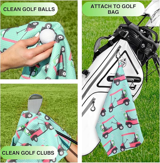 Microfiber Golf Towels for Golf Bags & Carts - Premium Weave Waffle & Ball Towels with Carabiner Clip, Essential Accessories for Men, Women, and Kids, Golfer Gifts, Set of 2 (Golf Cart)