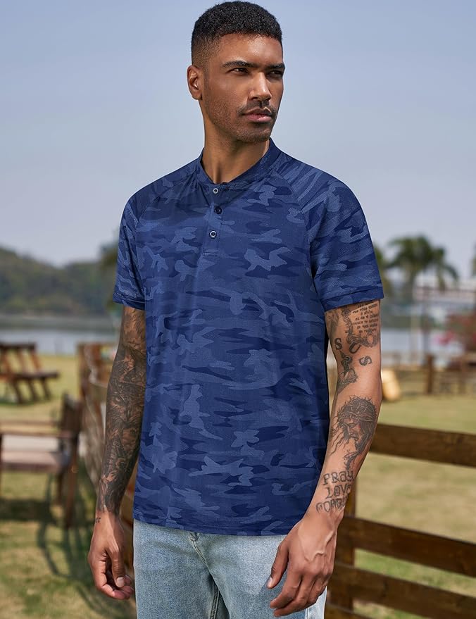TAPULCO Mens Collarless Golf Shirts Short Sleeve Dry Fit Stretch Casual Breathable Lightweight Tshirts