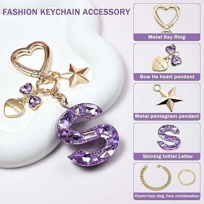 Cute Bling Keychain initial Letter Butterfly Star Pink Purple Gift for Women Girls Bag Cup Charms Accessories