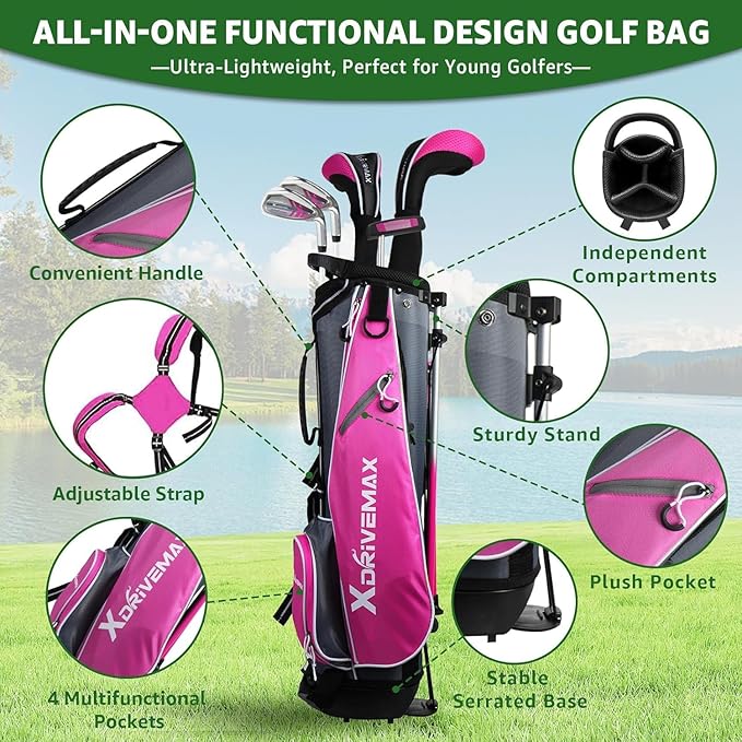 5/6 Pieces Kids Golf Club Set, Junior Golf Club Set Ages 4-12 Includes Stand Bag, 1# Drive, 5# Hybrid, 6/7#, 9/P# Irons and Putter Right Hand for Boys Girls