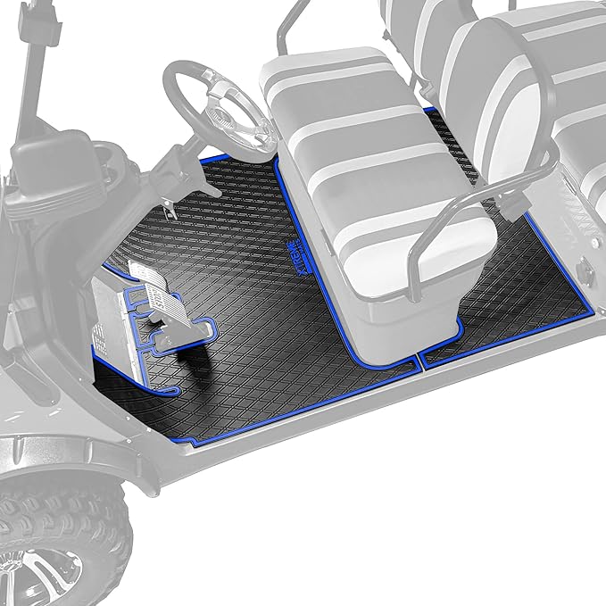 Xtreme Mats ICON Compatible Full Coverage Golf Cart Floor Mats Set (1st & 2nd Row Mats) Fits ICON 4F & 6 Seater Golf Carts - i40F, i40FL, i60, i60L - Blue Trim