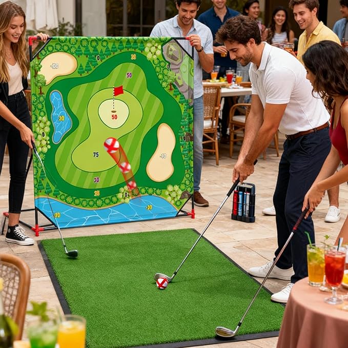 Golf Chipping Game with Stand, 54"x 54" Golf Battle Game Hitting Target Mat with 24 Balls, Perfect for Backyard Indoor Outdoor Family Games for Kids & Adults