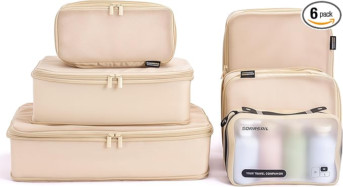 6 Set Compression Packing Cubes for Travel, Large Medium Small Luggage Organizers, Storage Bags for Clothes and Essentials (6 Pack, Mist Khaki)