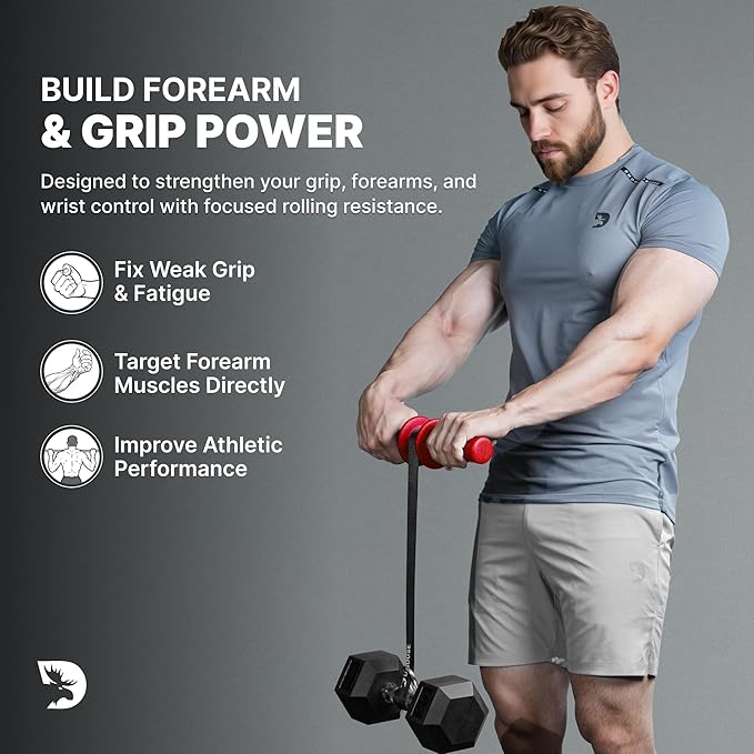 DMoose Fitness Forearm Strengthener & Wrist Roller - 2 in 1 Arm Exerciser with Non-Slip Premium Grip, Durable Nylon Rope - Helps with Elbow Tendonitis, Wrist Recovery & Strength Training (Patented)