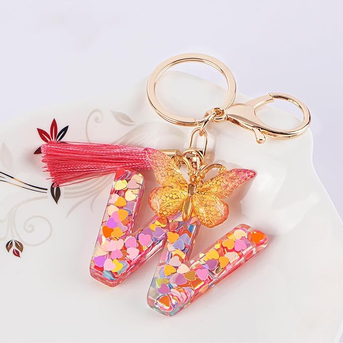 Suweibuke Colourful Cute Initial Letter Keychains for Women Girls with Tassel Butterfly, Charm for Purse Handbags Backpacks