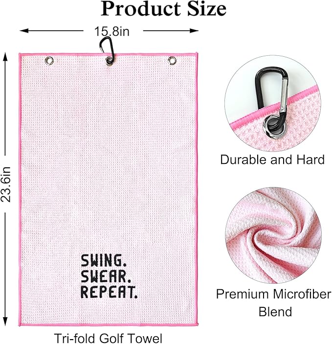 DYJYBMY Swing Swear Repeat Funny Pink Golf Towel with Clip, Fit for Men, Dad, Boyfriend, Birthday Gift for Golf Fan, Funny Golfer