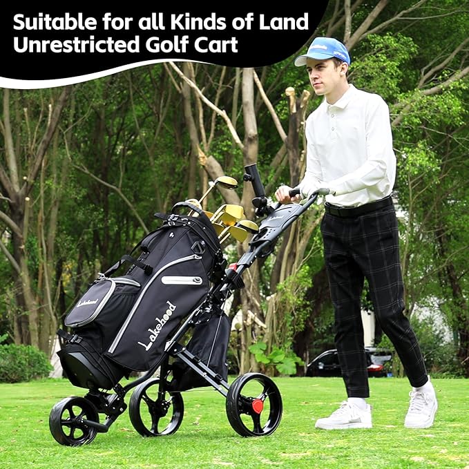 Lakehood 3 Wheel Golf Push Cart & Golf Bag Cart - Easy Fold/Unfold, Smooth Golf Push Pull Cart, One-Tap Brake, Push Golf cart Perfect for Golf Enthusiasts & Professionals