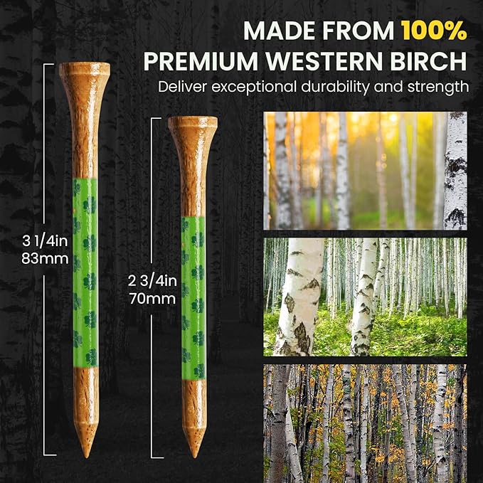 Amy Sport Golf Tees Western Birch Wood 5X More Durable 5X Stronger Value 50 Pack 1 1/2 2 3/4 3 1/4 Inch, Reduce Friction Wooden Long-Lasting, Spin Tall Sturdy Base for Stability