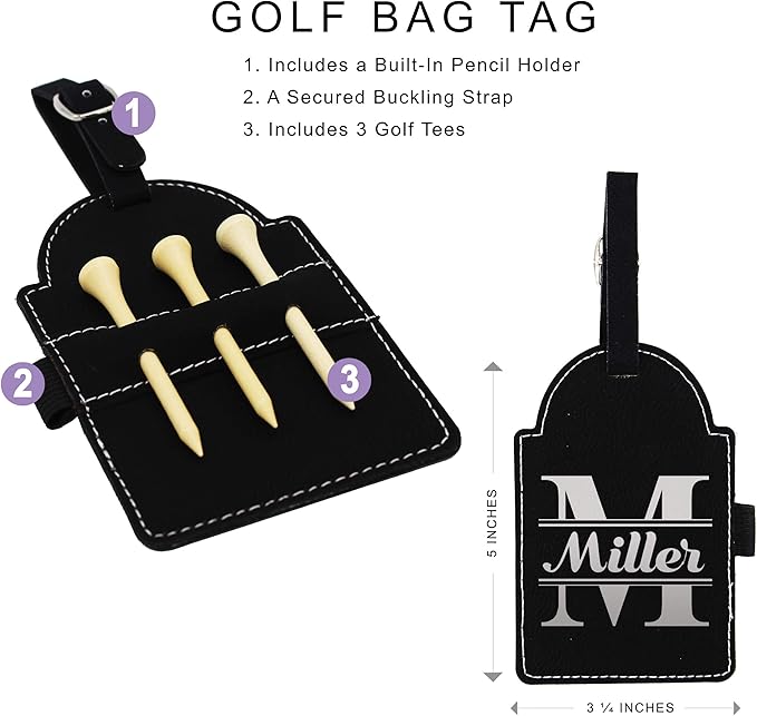 Custom Engraved Golf Luggage and Bag Tag - Customized Golfing Accessories Gift for Golfer, Mom, Dad, Him, Her (Black with Silver)