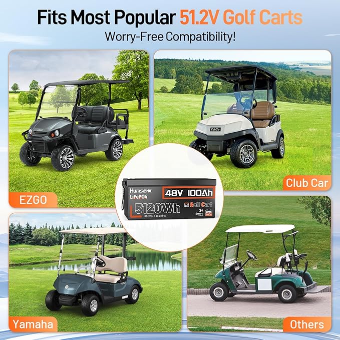HumsiENK 48V 100Ah Golf Cart LiFePO4 Lithium Battery with Bluetooth Group 8D, 15000+ Deep Cycle Battery, Built-in 200A BMS with Low-Temp Protection Golf Cart Accessories