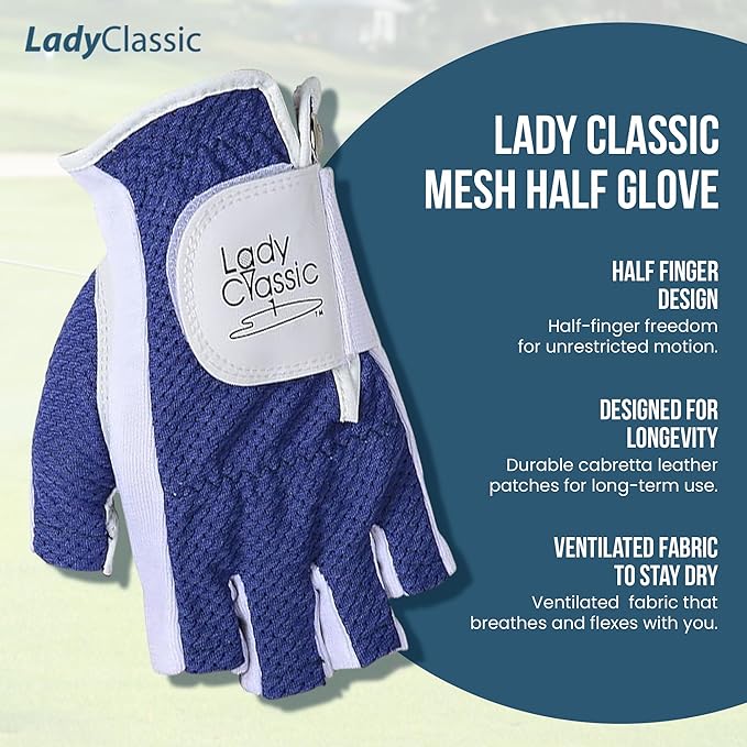 Mesh Half Golf Glove for Women – Premium Cabretta Leather Palm, Breathable Mesh Back, Half-Finger Design Ladies Golf Glove for Enhanced Grip & Comfort