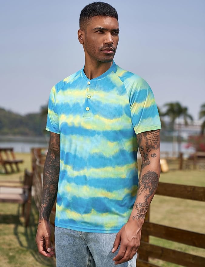TAPULCO Mens Collarless Golf Shirts Short Sleeve Dry Fit Stretch Casual Breathable Lightweight Tshirts