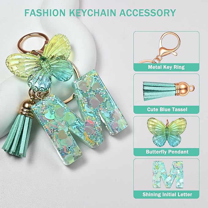 JINGUAZI Initial letter Keychains for Women Tassel Butterfly Pink Purple Cute Car Keychain for Wallet Backpack bag charm