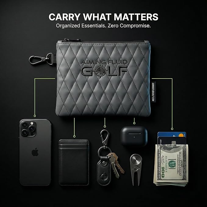 Premium Leather Golf/Travel Valuables Pouch – Luxury Zippered Utility Bag I Diamond Stitching I 360° Swivel Clip I Soft Interior for Golf Accessories & Travel Essentials (Black)