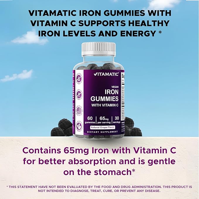 Vitamatic Iron 65 mg Gummies Supplement for Women & Men - 60 Vegan Gummies - Great Tasting Iron Gummy Vitamins with Vitamin C (2)