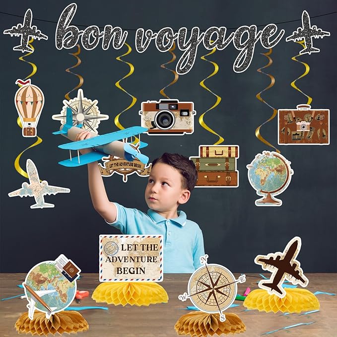 Bon Voyage Party Decorations - 13PCS Travel Themed Party Decorations Glitter Bon Voyage Banner Hanging Swirls Let the Adventure Begin Honeycomb Centerpieces Decor Going Away Party Supplies