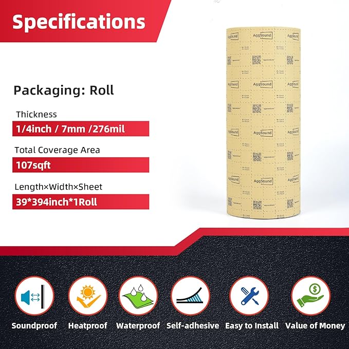 Sound Deadening Mat 1/4inch(7 mm) 107.64sqft - Closed Cell Foam Car Sound Deadening Material - Self-Adhesive Hood Insulation Heat Shield Auto Sound Dampening