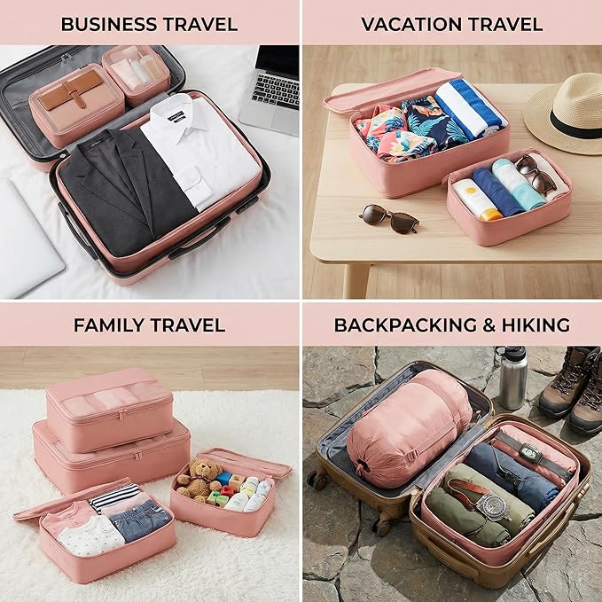 4 Piece Compression Packing Cubes for Suitcases and Backpack, Lightweight Travel Organizer Bags (Dusty Pink)